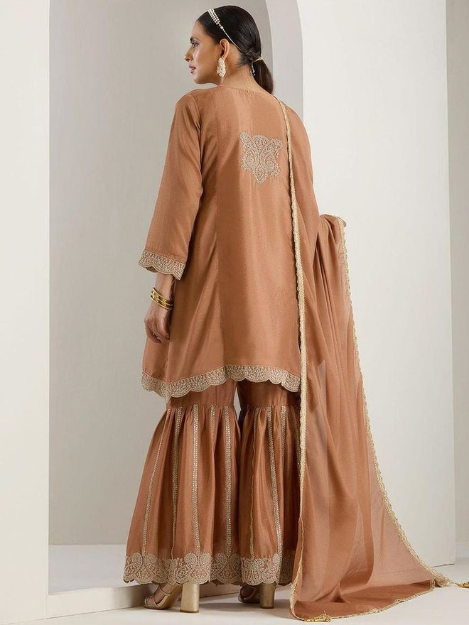 ISHIN 3-Piece Chinon Zari Embroidered Kurta, Sharara and Tassel Dupatta Set - Image 4